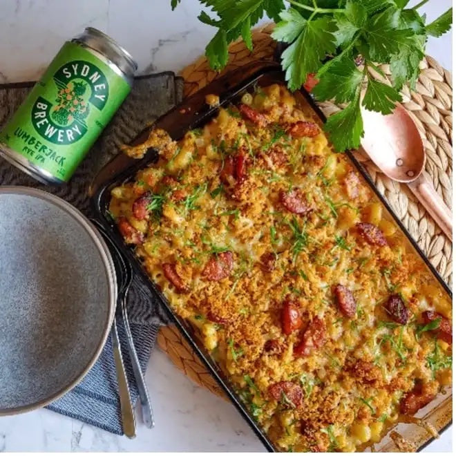 LUMBERJACK IPA BEER MACARONI & CHEESE WITH CHORIZO AND CHEESY CHILLI CRUMB TOPPING